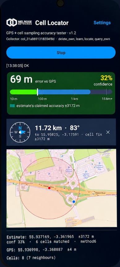 Cell Locator on an Android phone: accuracy gauge, navigation bearing, and map